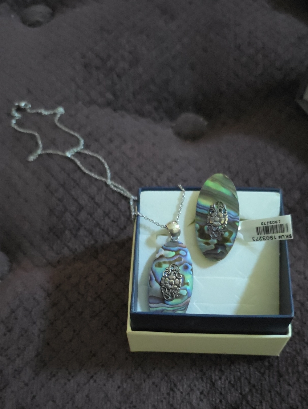 Abalone Shell Oval Pendant Necklace and Earrings Set 925 - Iridescent Green